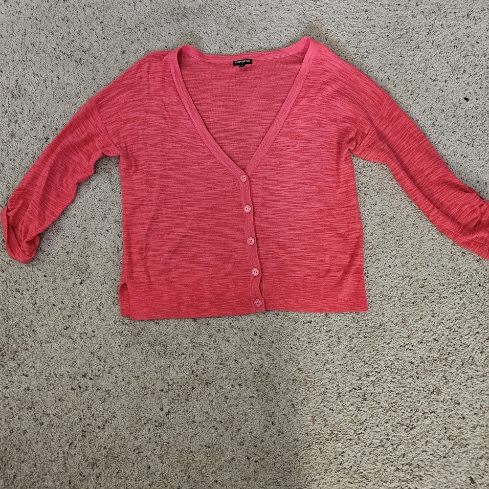 Express pink cropped buttoned up, gathered sleeved cardigan.  L. EUC.